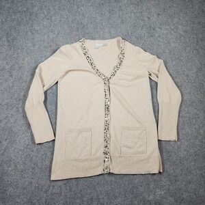 Eileen Fisher Cardigan Womens Medium Sequin Beige Organic Cotton Cashmere Button